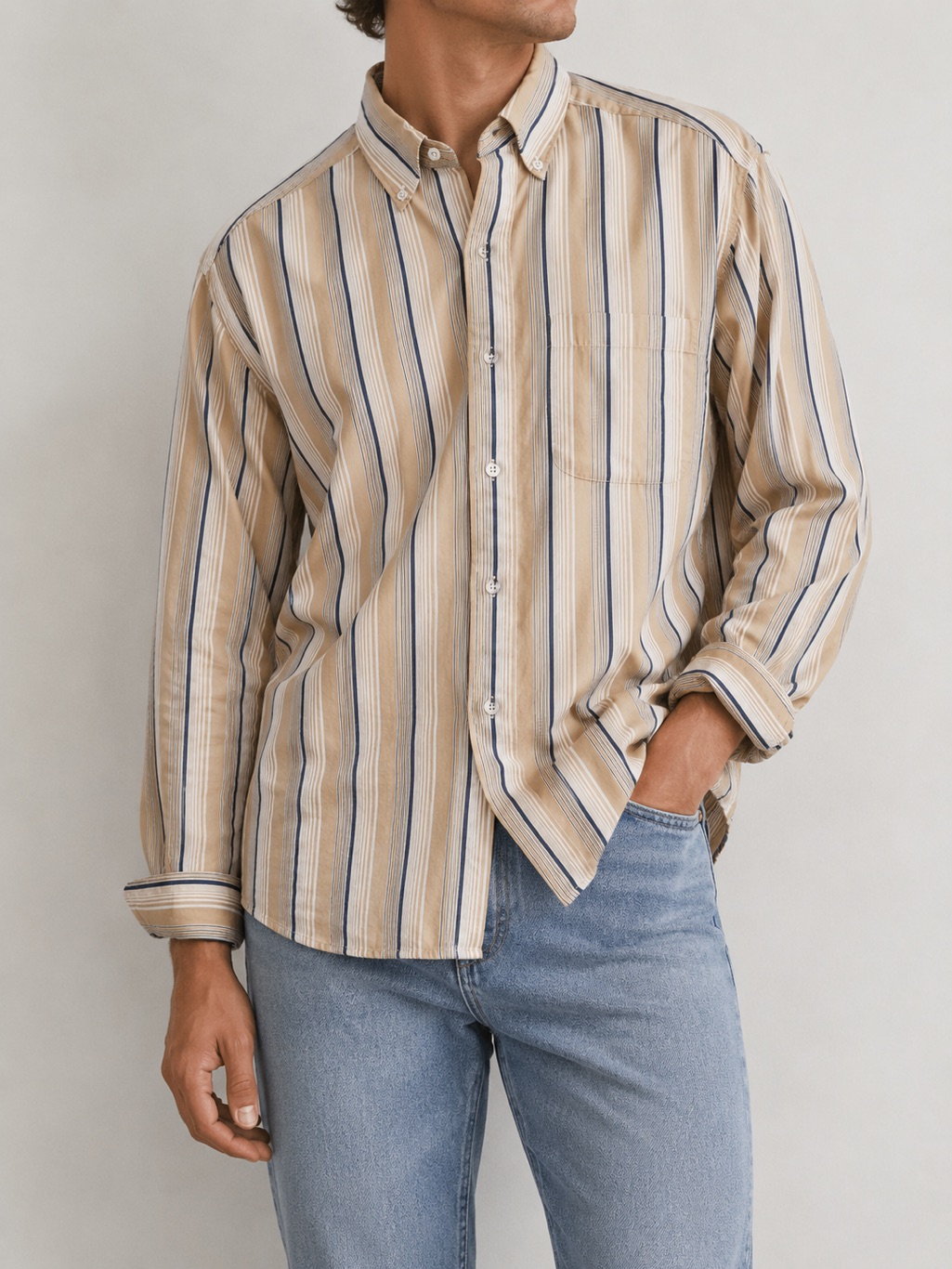 The Territory Ahead Striped Button Down Shirt Men's Small Cotton Yellow Gray